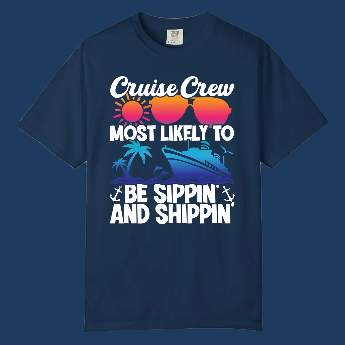 Colorful cruise design with sippin and shippin text, sun, sunglasses, ship, palm trees, dolphins, and anchors on gray background