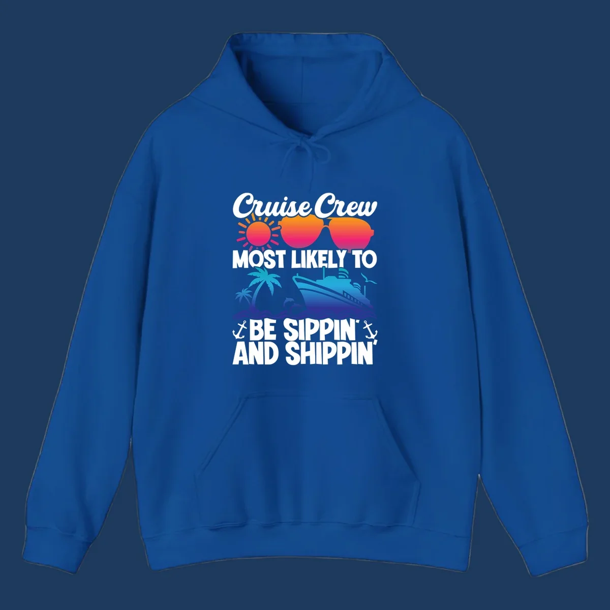 Colorful cruise design with sippin and shippin text, sun, sunglasses, ship, palm trees, dolphins, and anchors on gray background