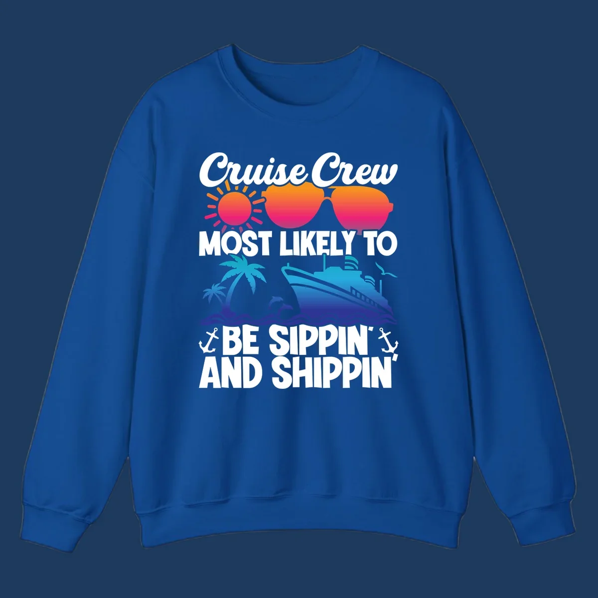 Colorful cruise design with sippin and shippin text, sun, sunglasses, ship, palm trees, dolphins, and anchors on gray background