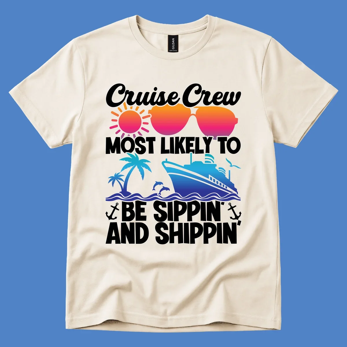 Colorful cruise design with sippin and shippin text, sun, sunglasses, ship, palm trees, dolphins, and anchors on gray background