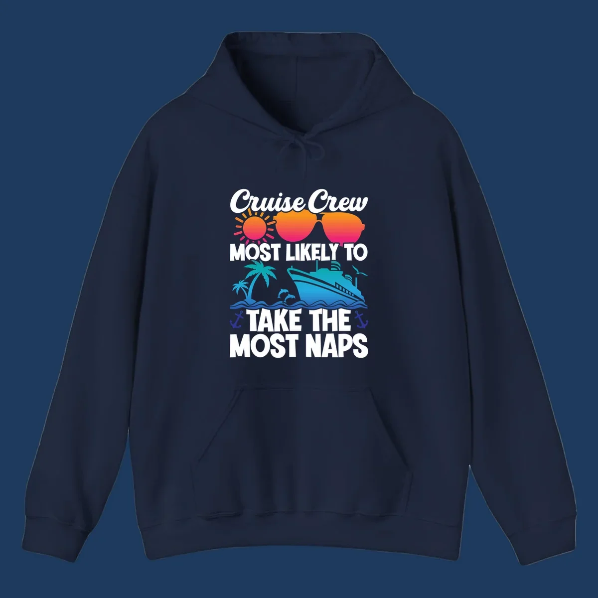Cruise crew nap humor design with sun, sunglasses, ship, palm tree, waves and anchors illustration