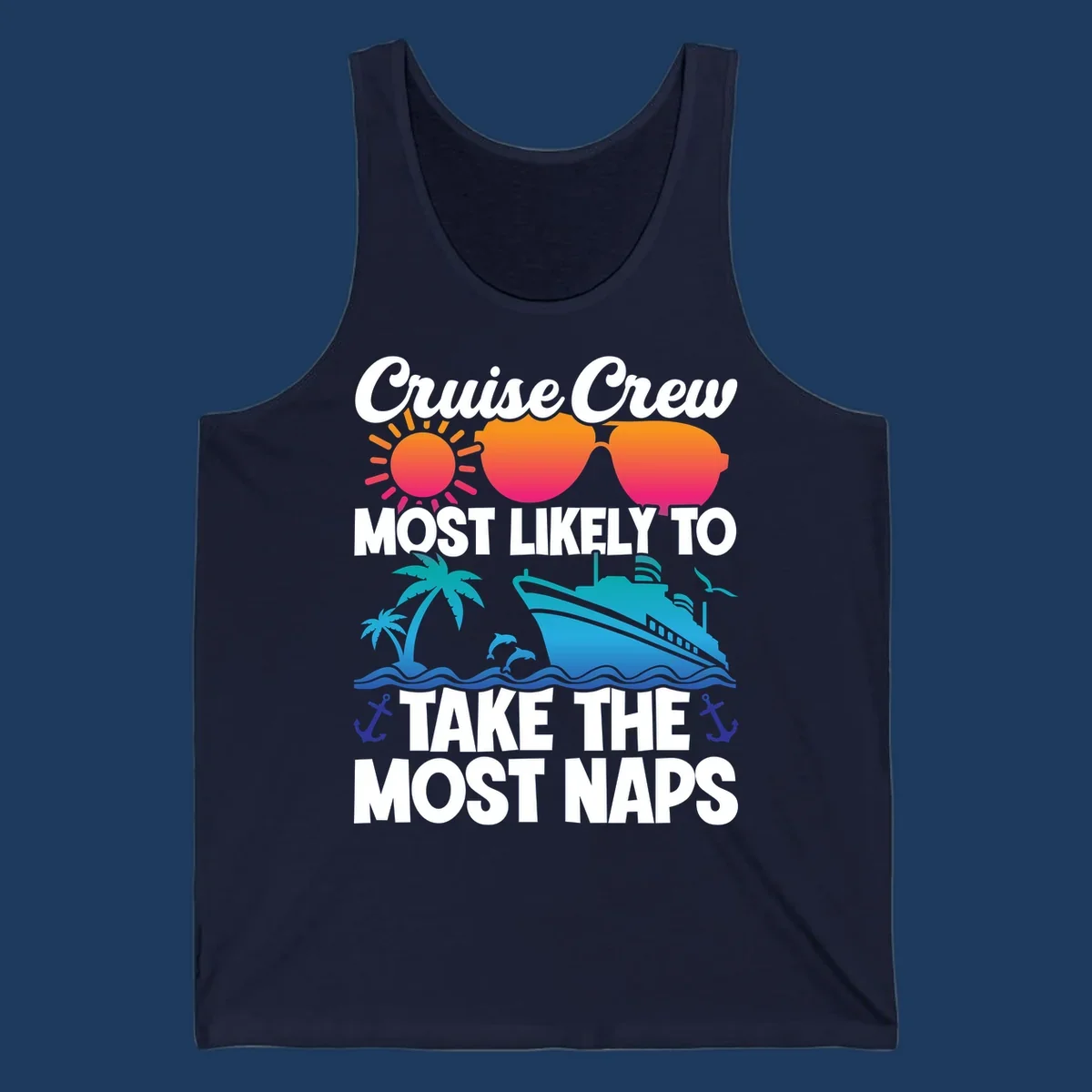 Cruise crew nap humor design with sun, sunglasses, ship, palm tree, waves and anchors illustration