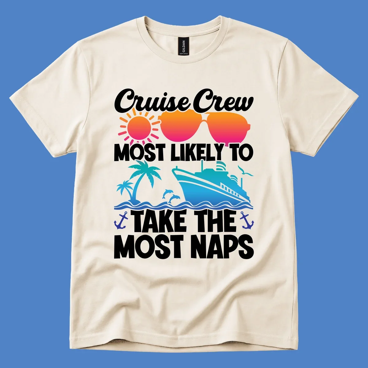 Cruise crew nap humor design with sun, sunglasses, ship, palm tree, waves and anchors illustration