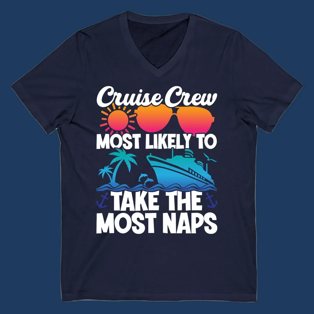 Cruise crew nap humor design with sun, sunglasses, ship, palm tree, waves and anchors illustration