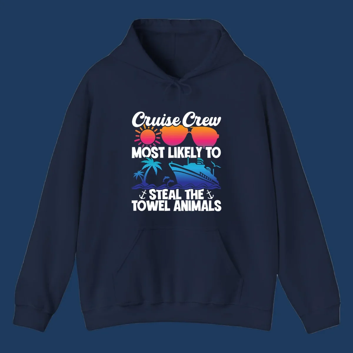 Colorful cruise design with sunglasses, sun, palm trees, dolphins, and ship with text 'Cruise Crew Most Likely to Steal the Towel Animals'