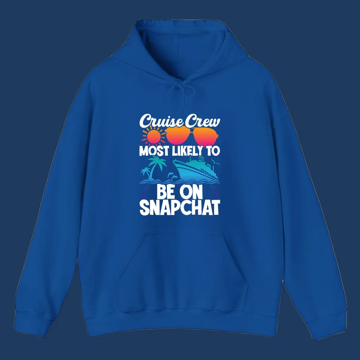 Cruise crew most likely to snapchat design with sun, sunglasses, ship, palm tree, dolphins, waves and anchors