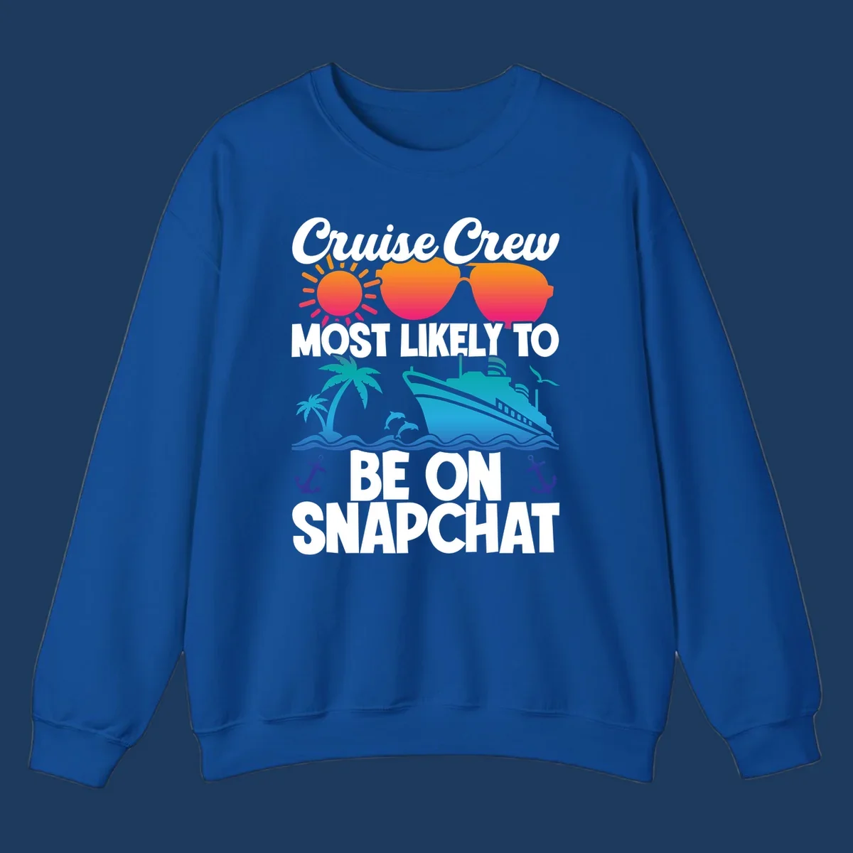 Cruise crew most likely to snapchat design with sun, sunglasses, ship, palm tree, dolphins, waves and anchors