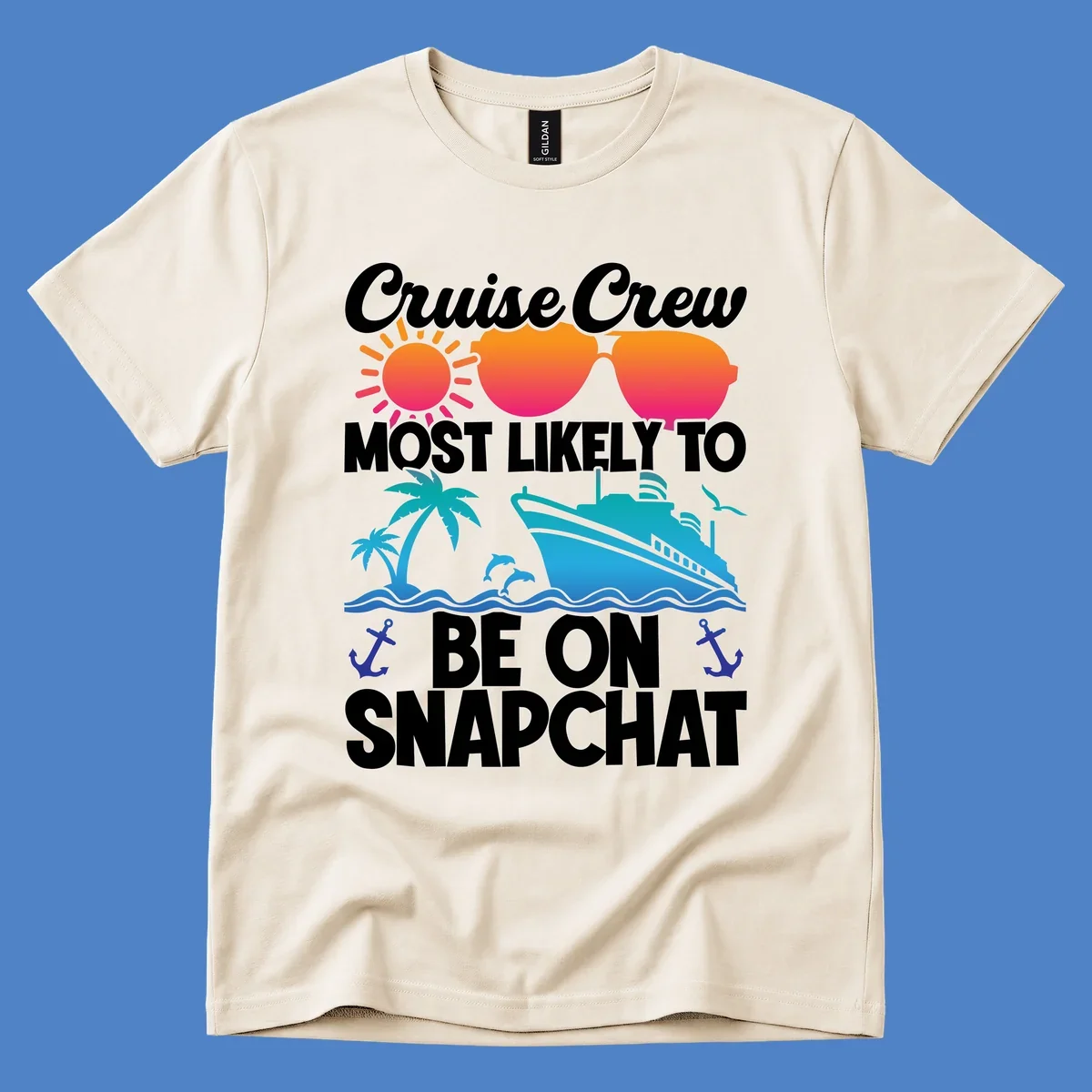 Cruise crew most likely to snapchat design with sun, sunglasses, ship, palm tree, dolphins, waves and anchors