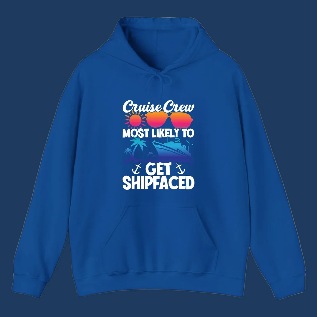 Colorful cruise-themed design with sun, heart sunglasses, palm tree, ship, and dolphins with text 'Cruise Crew Most Likely To Get Shipfaced'
