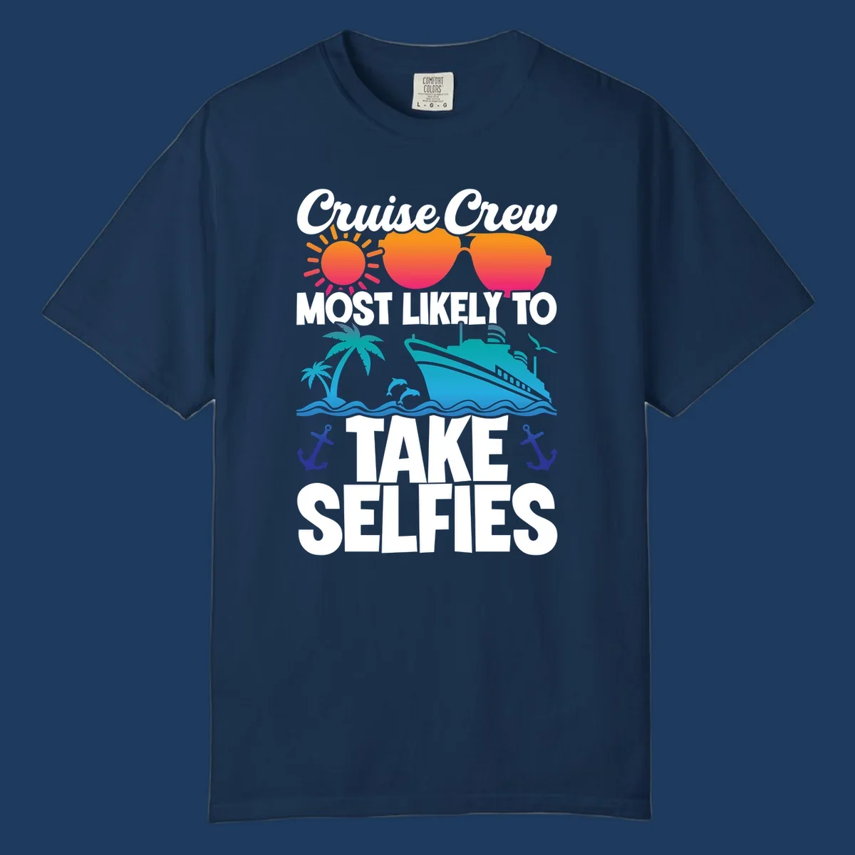 Cruise crew selfies design with sun, heart sunglasses, ship, palm tree, and anchors on gray background