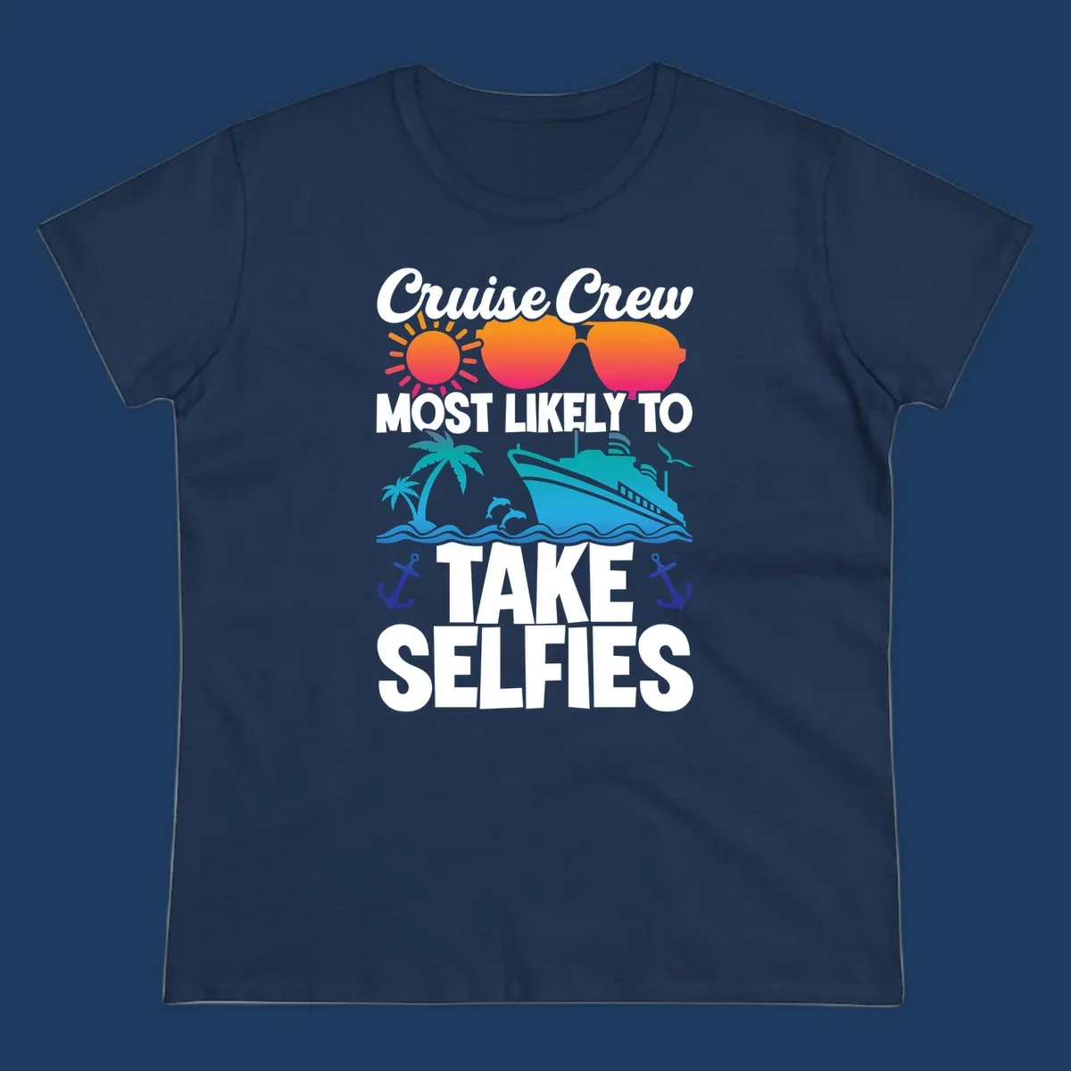 Cruise crew selfies design with sun, heart sunglasses, ship, palm tree, and anchors on gray background