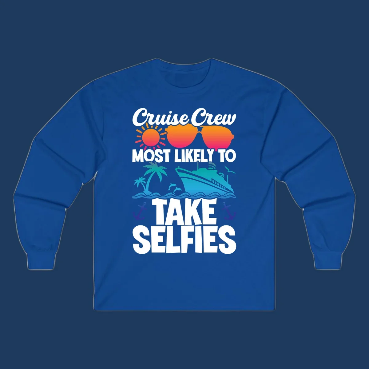 Cruise crew selfies design with sun, heart sunglasses, ship, palm tree, and anchors on gray background
