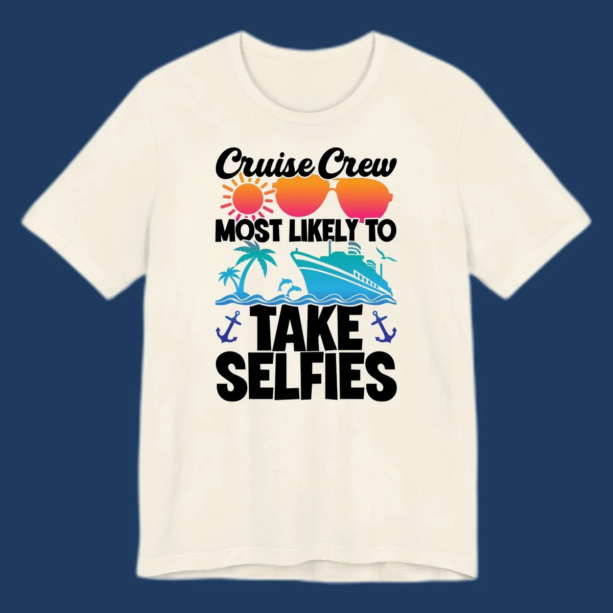 Cruise crew selfies design with sun, heart sunglasses, ship, palm tree, and anchors on gray background