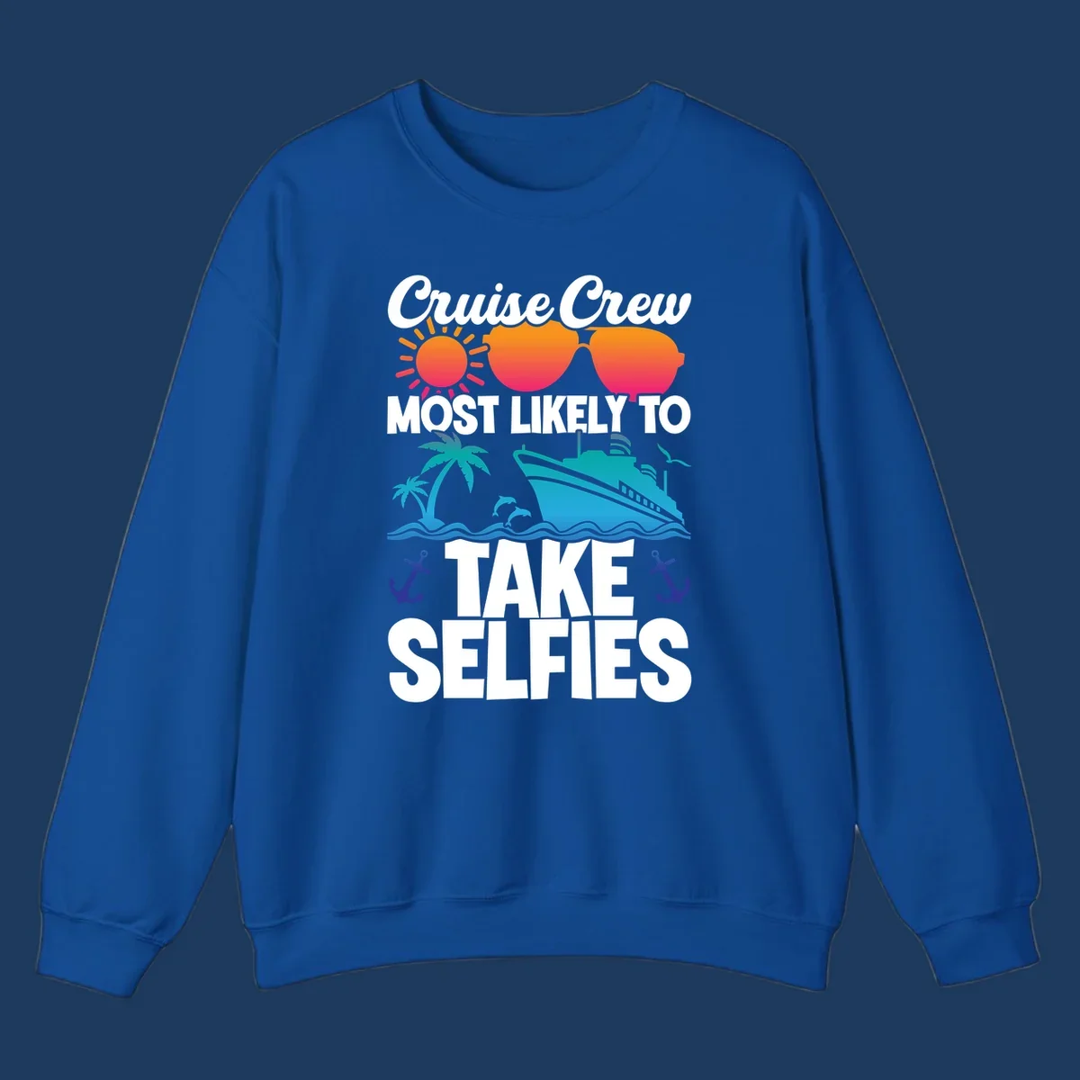Cruise crew selfies design with sun, heart sunglasses, ship, palm tree, and anchors on gray background