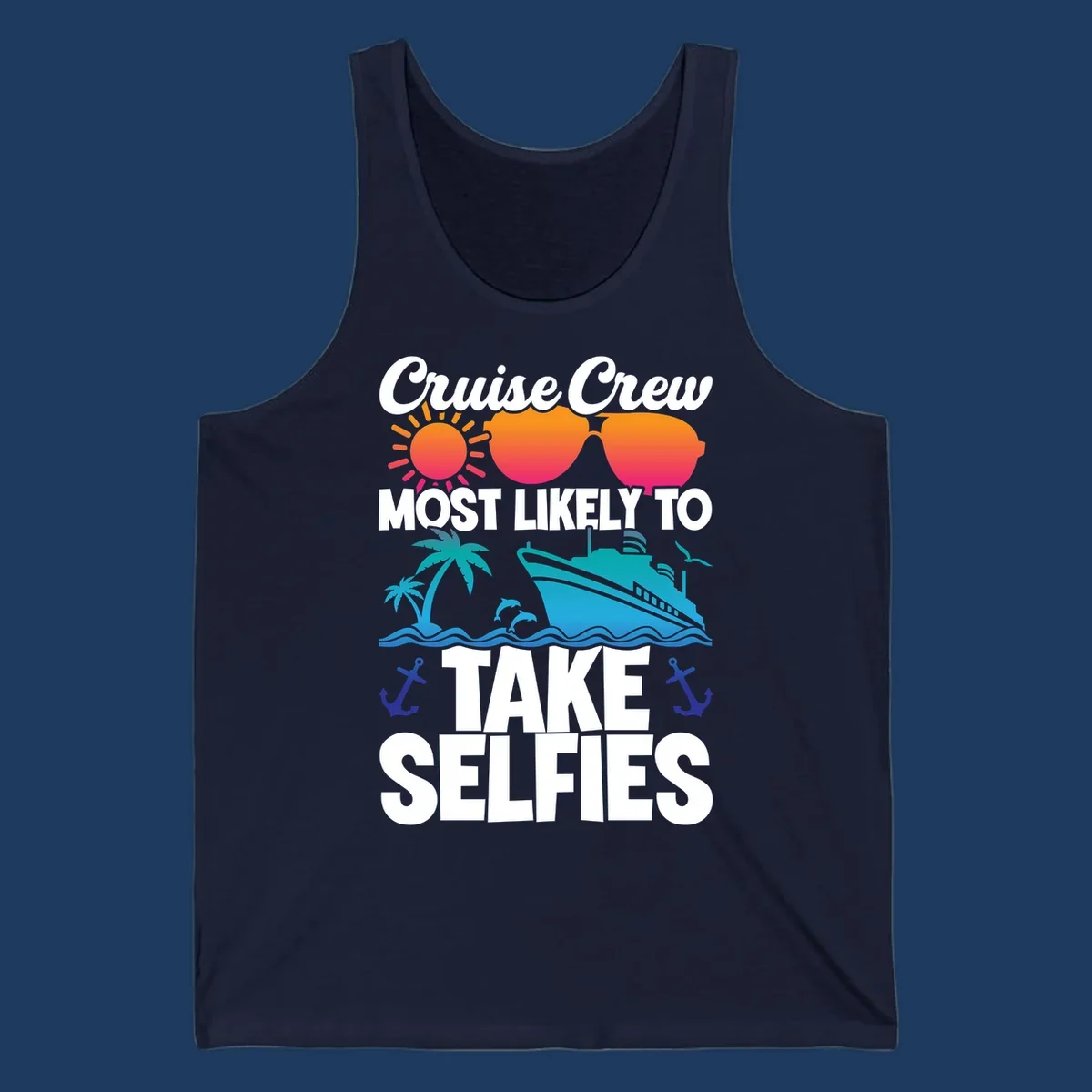 Cruise crew selfies design with sun, heart sunglasses, ship, palm tree, and anchors on gray background