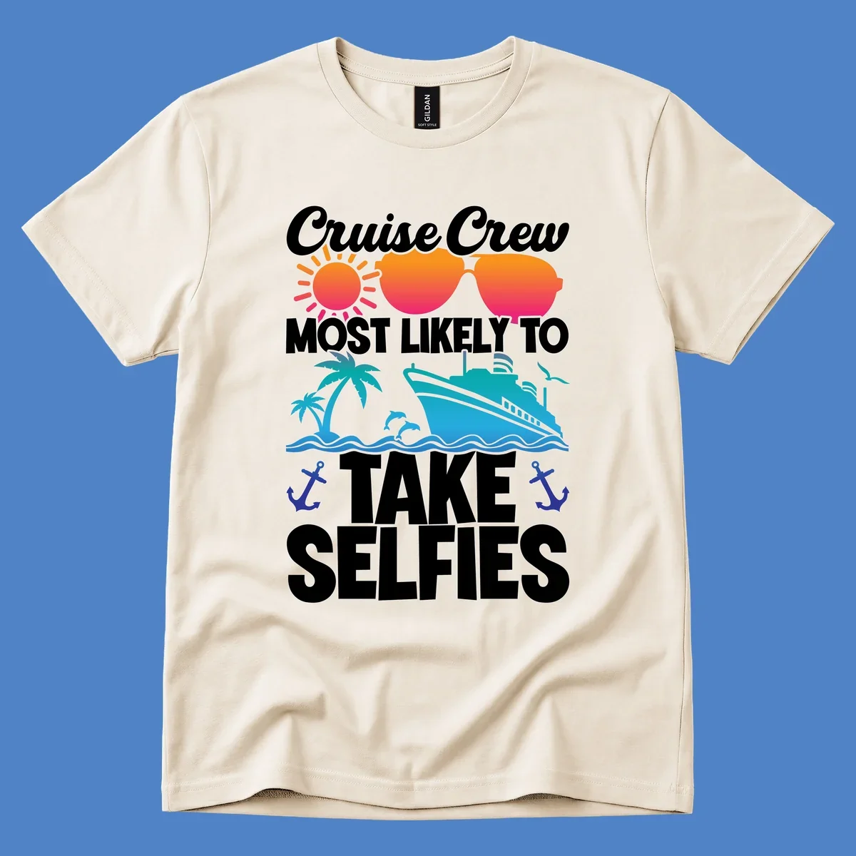 Cruise crew selfies design with sun, heart sunglasses, ship, palm tree, and anchors on gray background