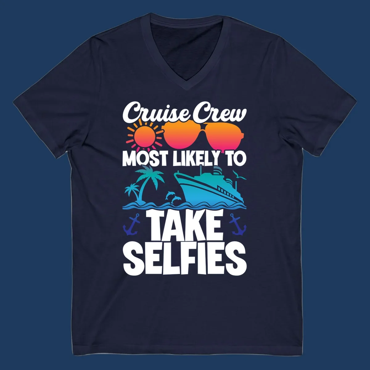 Cruise crew selfies design with sun, heart sunglasses, ship, palm tree, and anchors on gray background