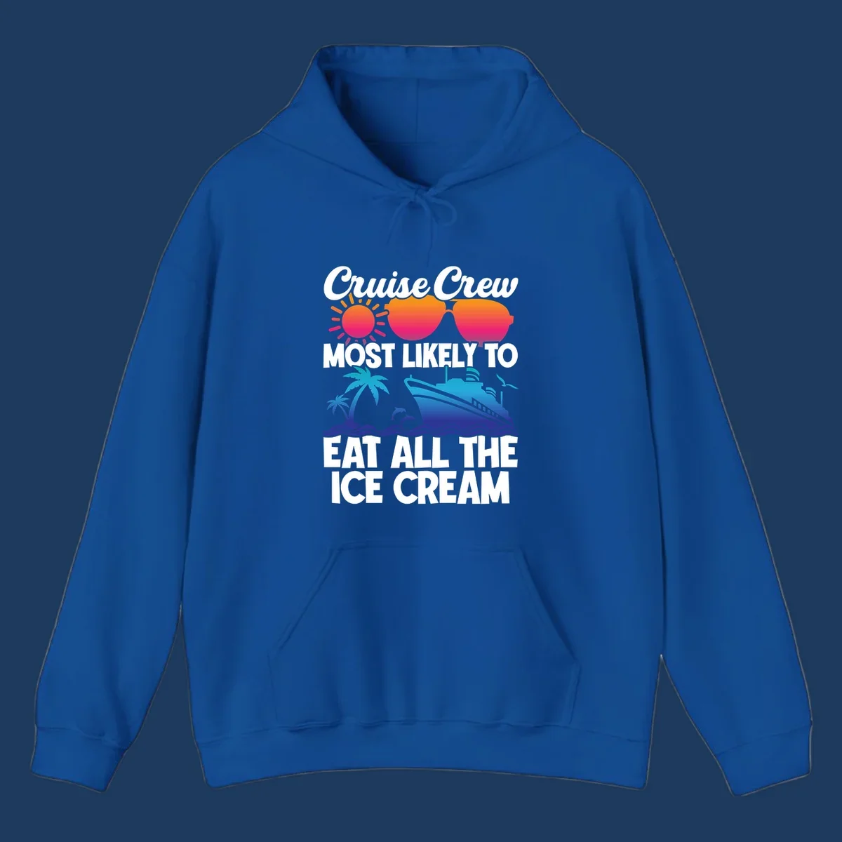 Tropical cruise design with sunglasses, sun, palm trees, ocean waves, dolphin and ship - text reads 'Cruise Crew Most Likely To Eat All The Ice Cream'