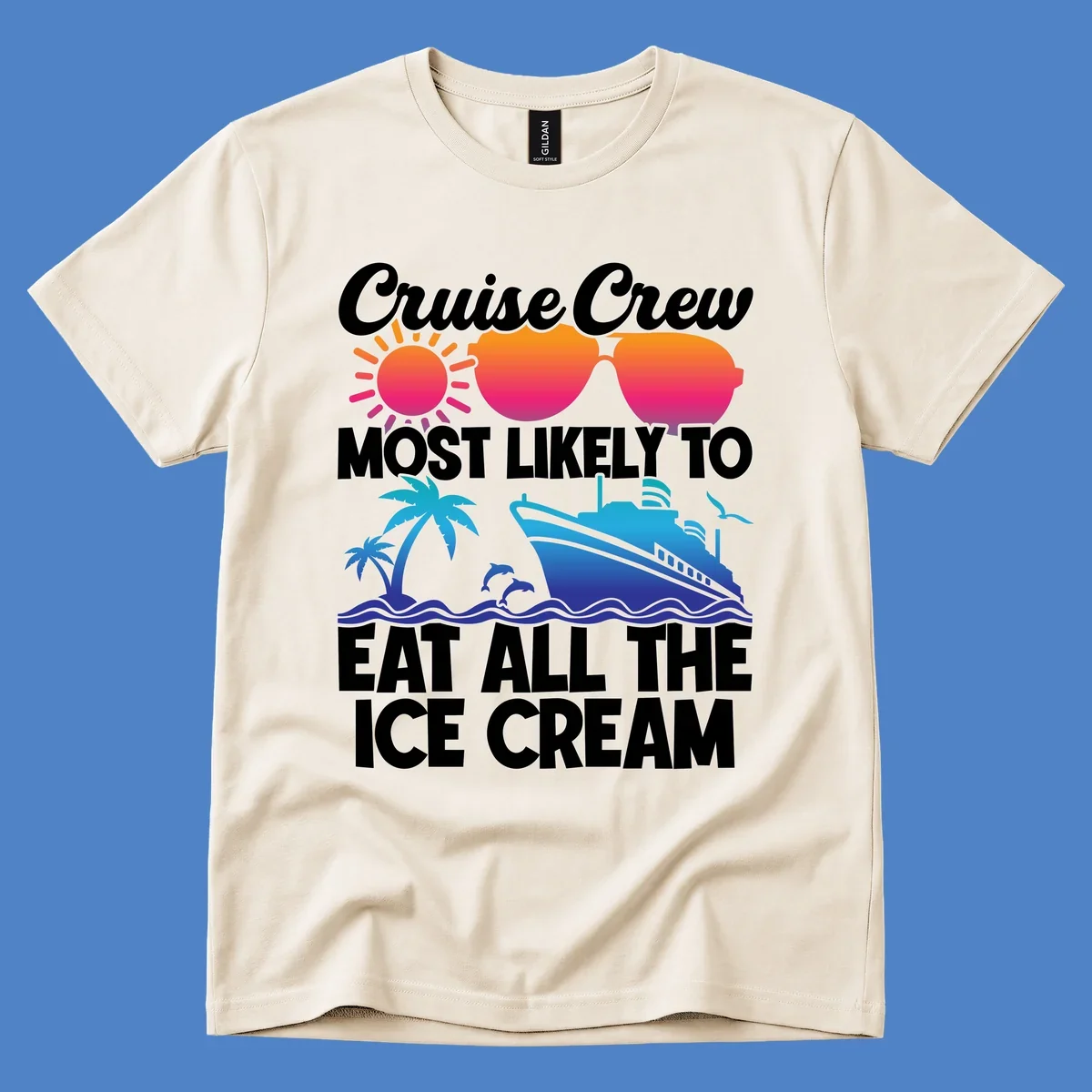 Tropical cruise design with sunglasses, sun, palm trees, ocean waves, dolphin and ship - text reads 'Cruise Crew Most Likely To Eat All The Ice Cream'