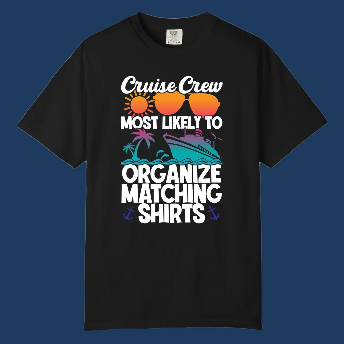 Colorful cruise crew matching shirts design with sun, heart sunglasses, ship, palm tree, waves and anchors on gray background