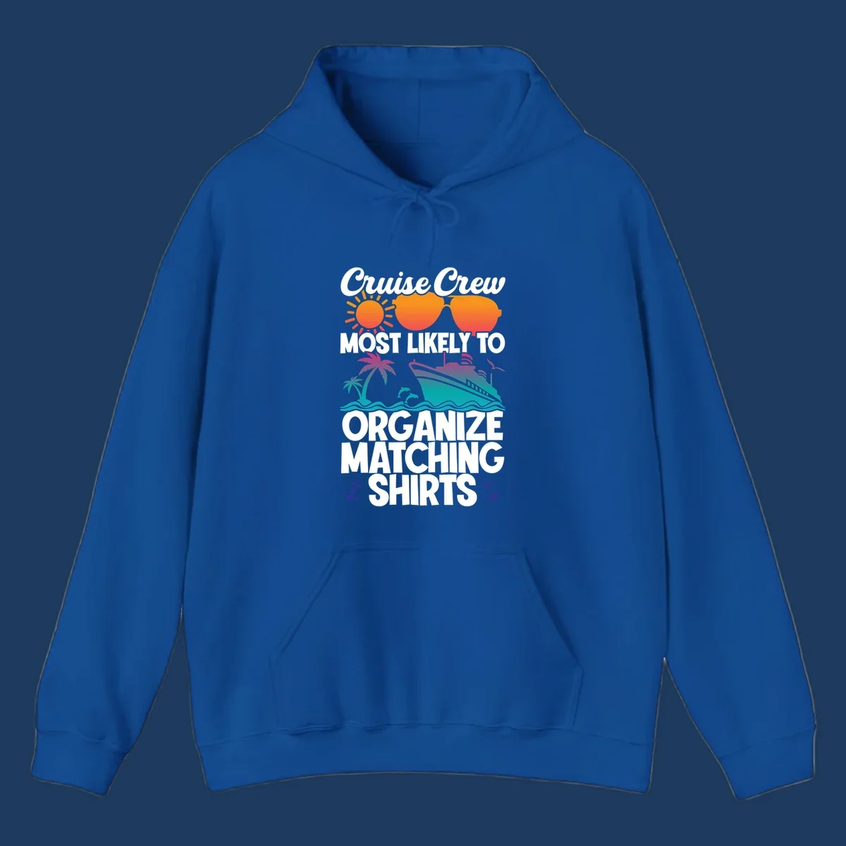 Colorful cruise crew matching shirts design with sun, heart sunglasses, ship, palm tree, waves and anchors on gray background