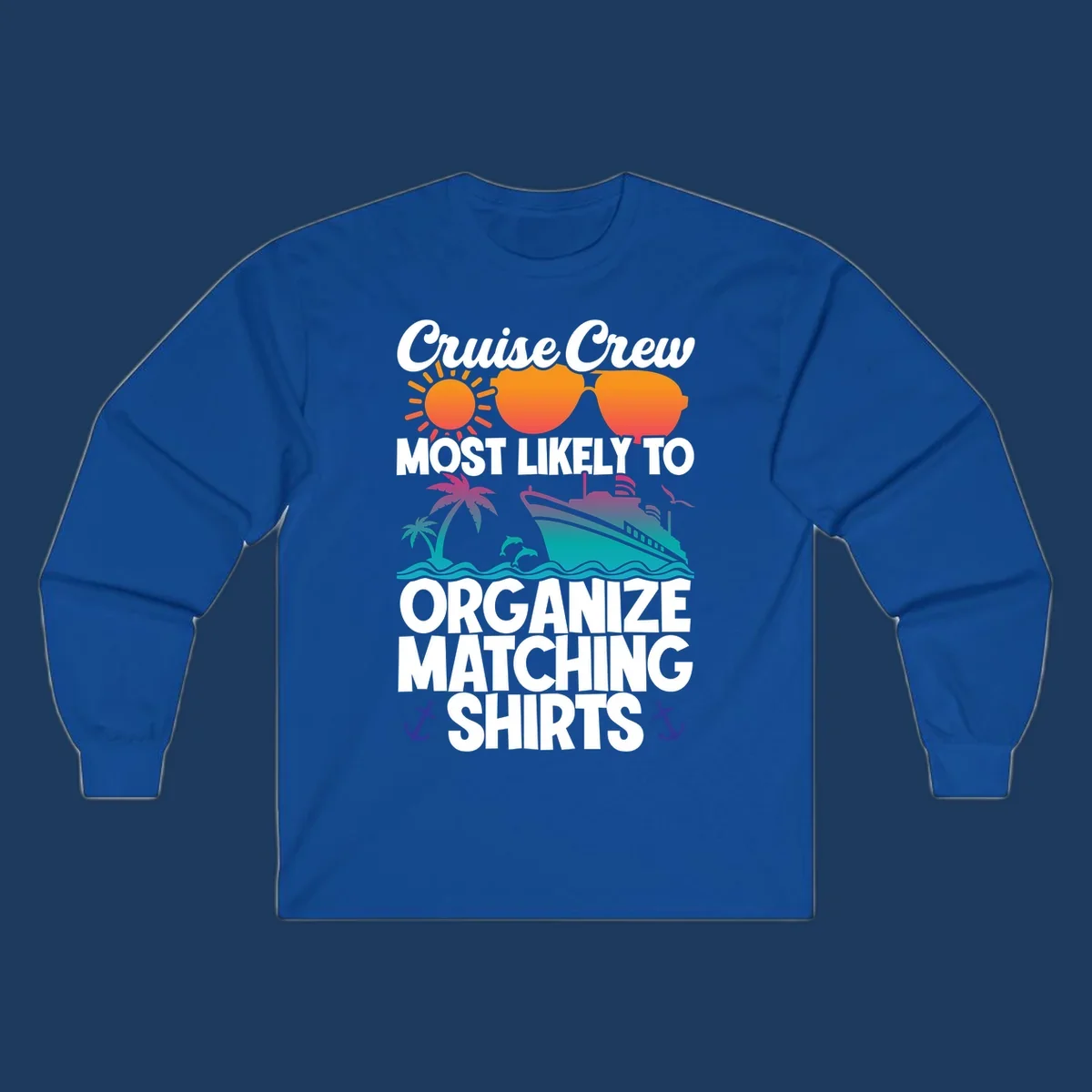 Colorful cruise crew matching shirts design with sun, heart sunglasses, ship, palm tree, waves and anchors on gray background