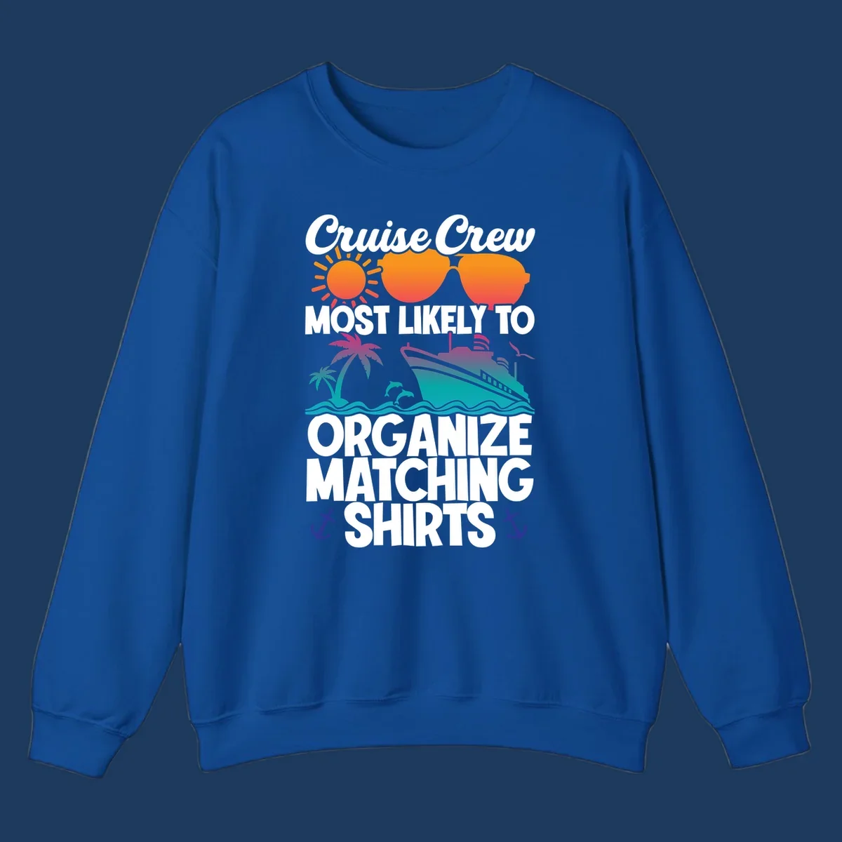 Colorful cruise crew matching shirts design with sun, heart sunglasses, ship, palm tree, waves and anchors on gray background