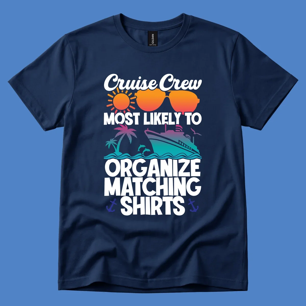Colorful cruise crew matching shirts design with sun, heart sunglasses, ship, palm tree, waves and anchors on gray background