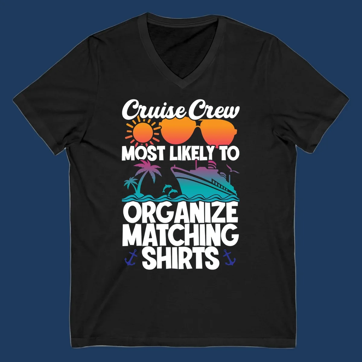 Colorful cruise crew matching shirts design with sun, heart sunglasses, ship, palm tree, waves and anchors on gray background