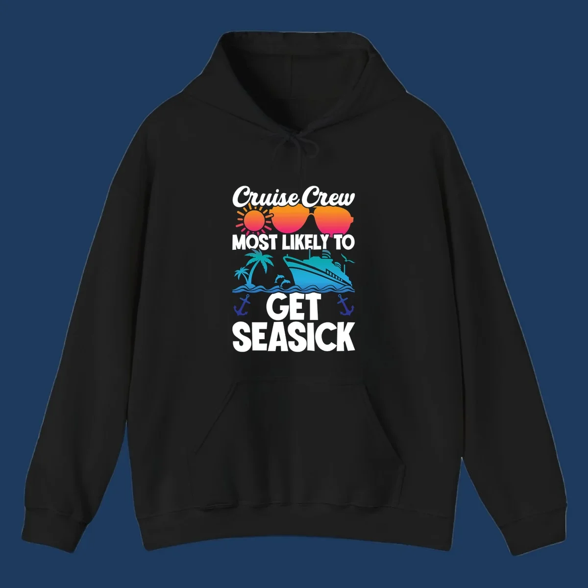 Colorful cruise-themed design with sunglasses, sun, ship, and palm trees with text reading 'Cruise Crew Most Likely To Get Seasick'