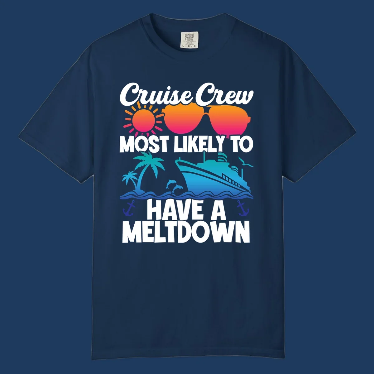 Colorful cruise crew meltdown design with heart sunglasses, sun, palm tree, ship, and ocean waves on gray background