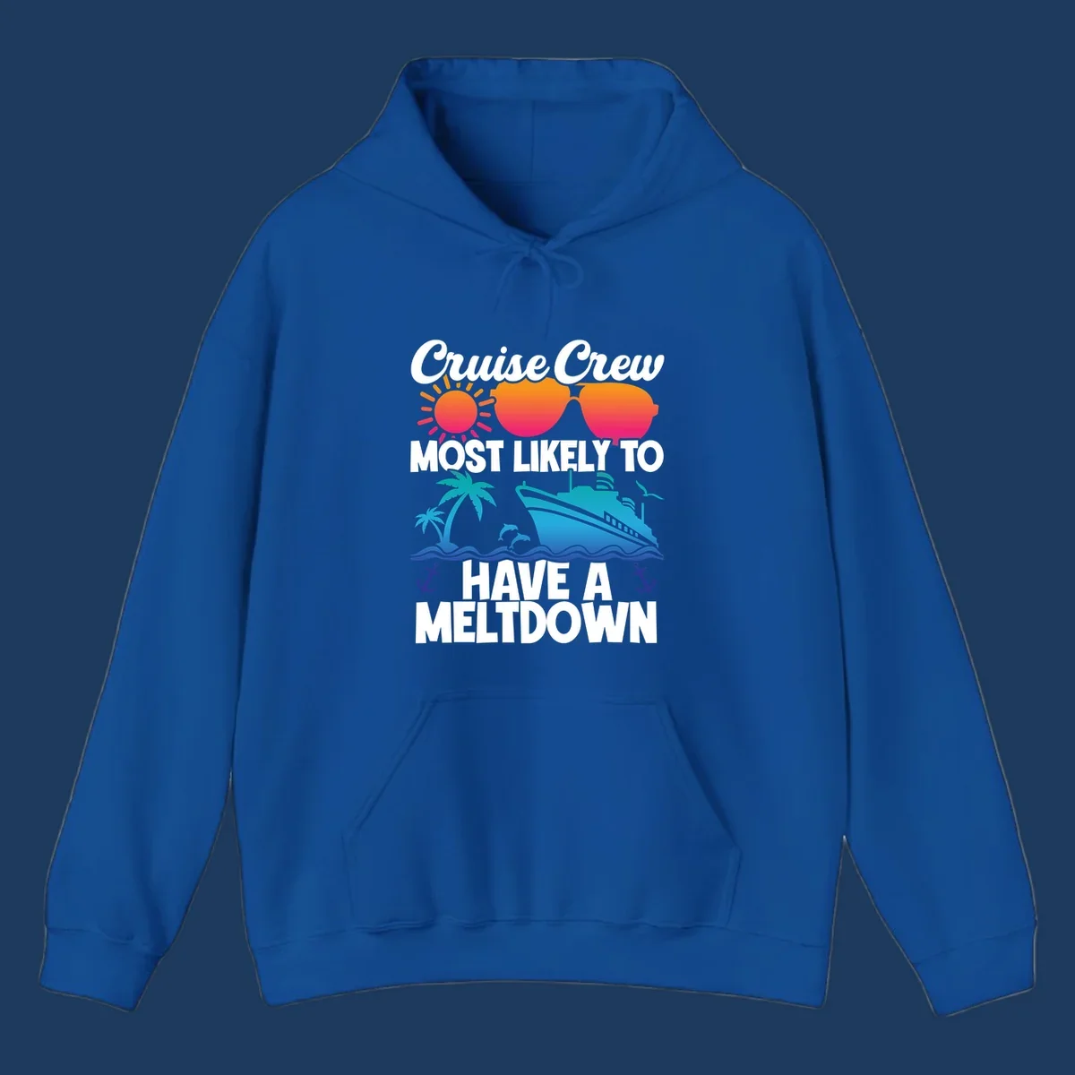 Colorful cruise crew meltdown design with heart sunglasses, sun, palm tree, ship, and ocean waves on gray background