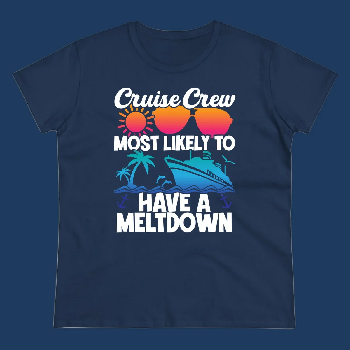 Colorful cruise crew meltdown design with heart sunglasses, sun, palm tree, ship, and ocean waves on gray background