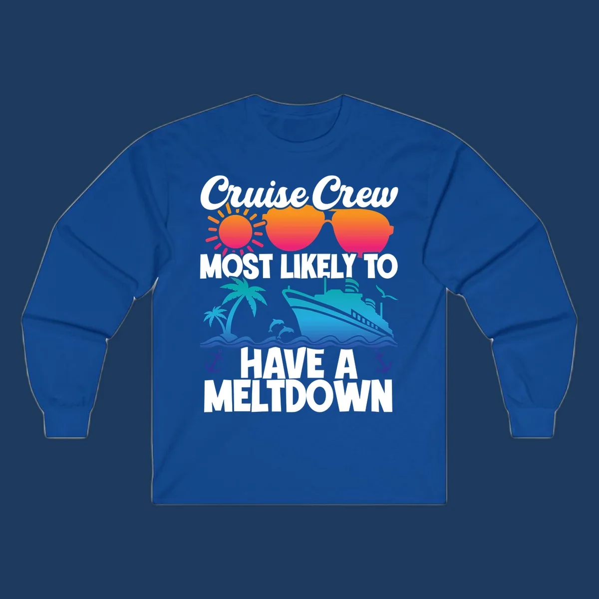 Colorful cruise crew meltdown design with heart sunglasses, sun, palm tree, ship, and ocean waves on gray background