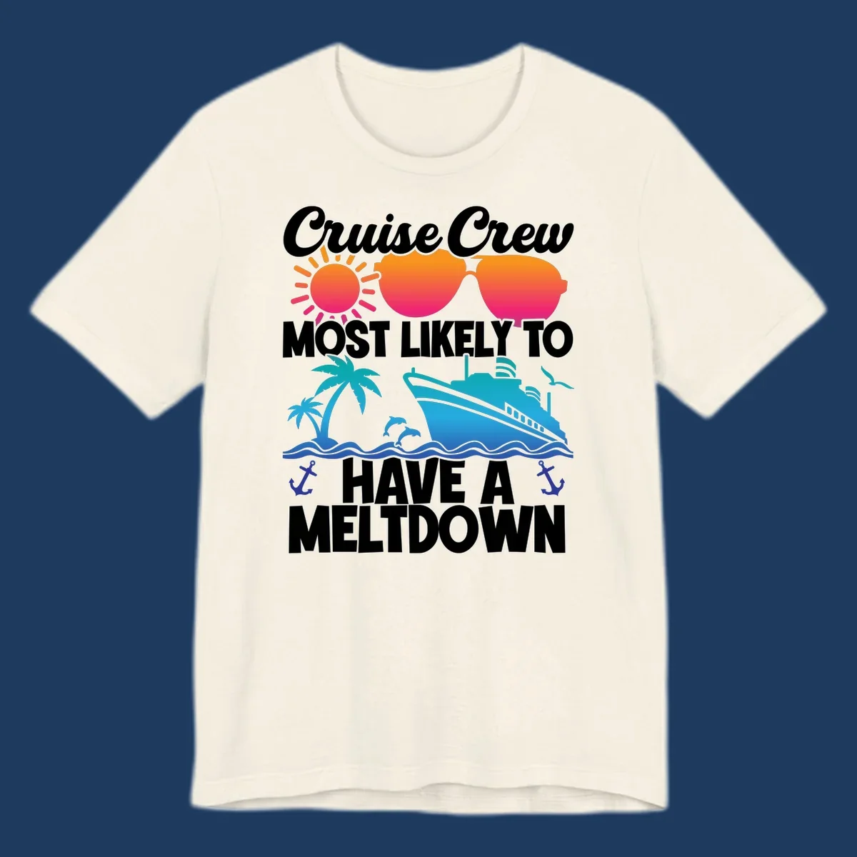 Colorful cruise crew meltdown design with heart sunglasses, sun, palm tree, ship, and ocean waves on gray background