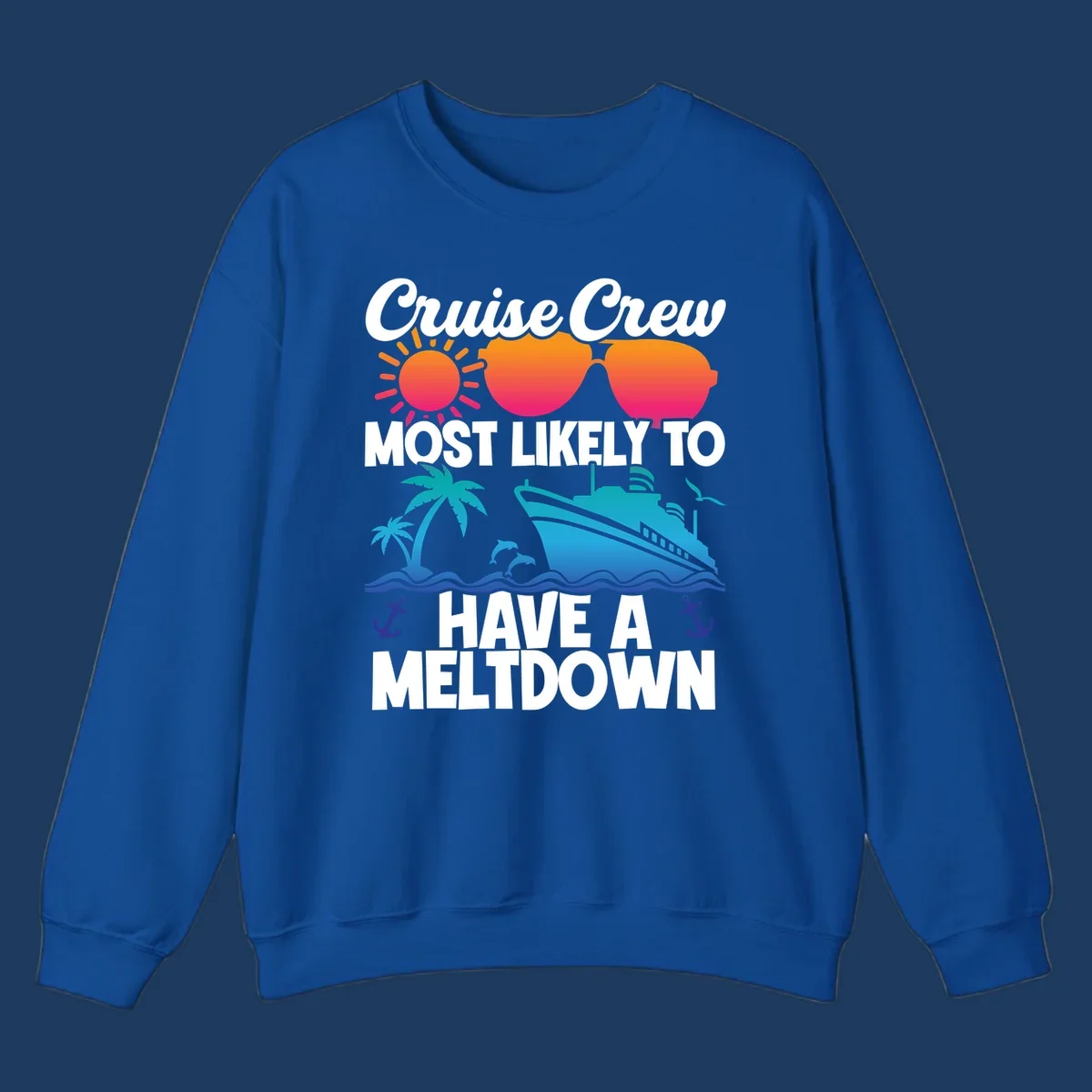 Colorful cruise crew meltdown design with heart sunglasses, sun, palm tree, ship, and ocean waves on gray background