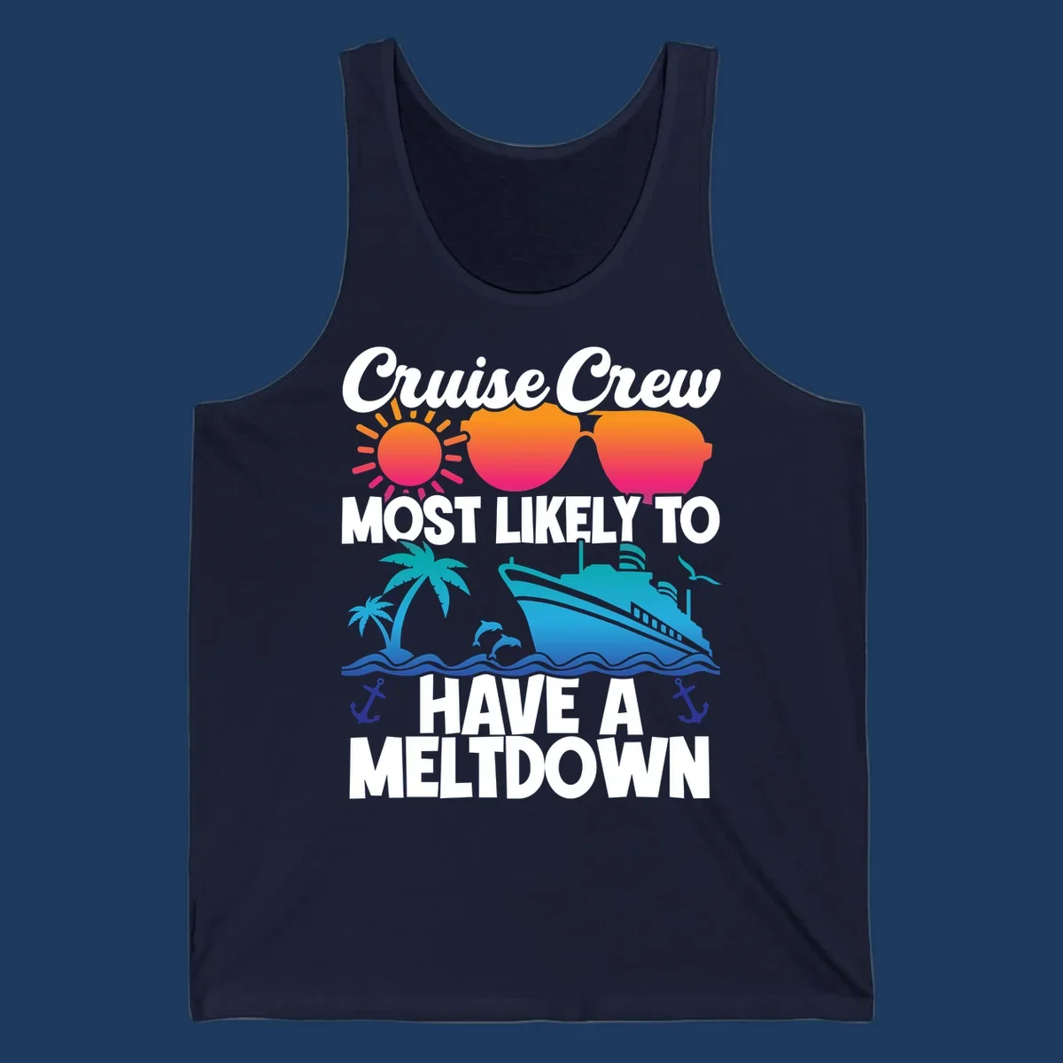 Colorful cruise crew meltdown design with heart sunglasses, sun, palm tree, ship, and ocean waves on gray background