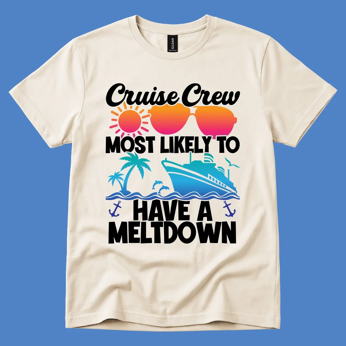 Colorful cruise crew meltdown design with heart sunglasses, sun, palm tree, ship, and ocean waves on gray background
