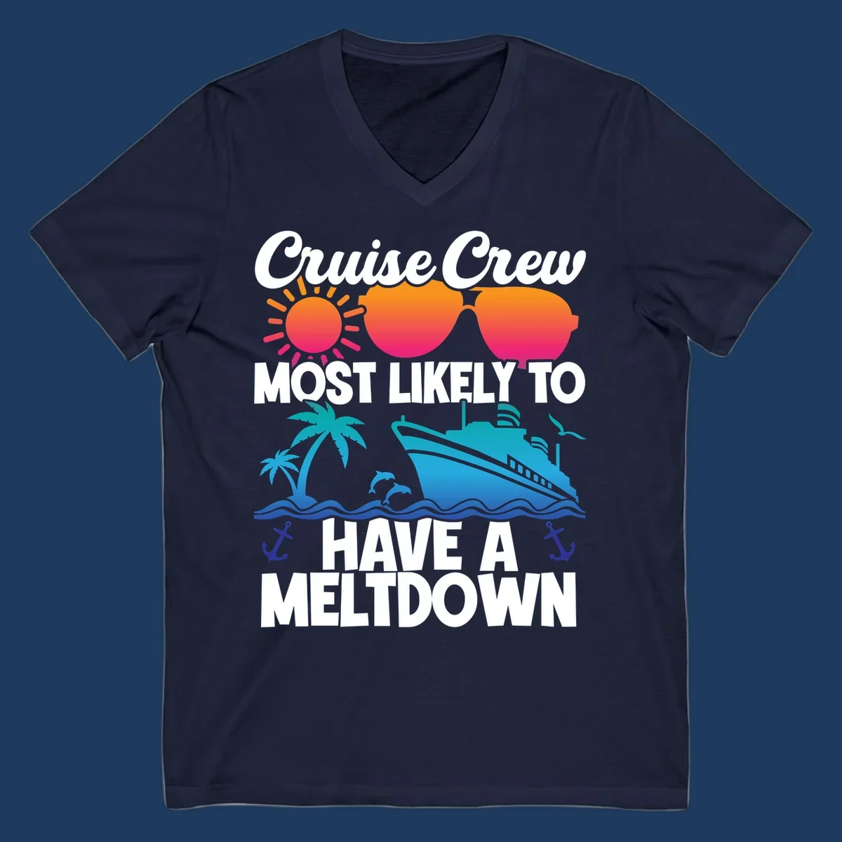 Colorful cruise crew meltdown design with heart sunglasses, sun, palm tree, ship, and ocean waves on gray background
