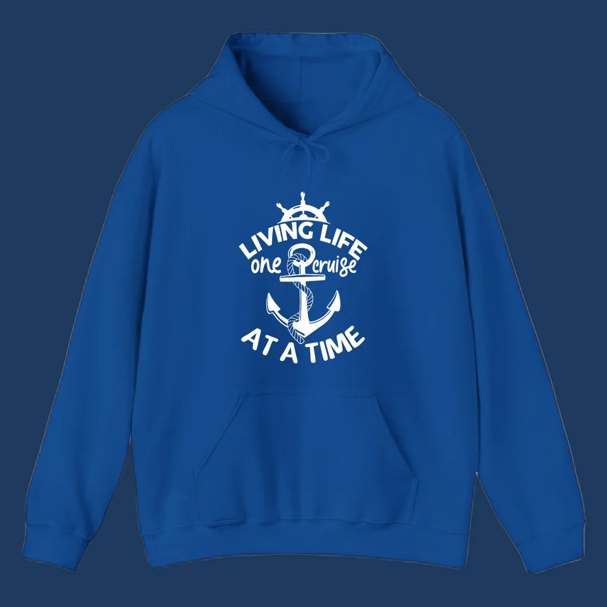 White nautical design with ship's wheel, anchor and rope on gray background with text living life one cruise at a time