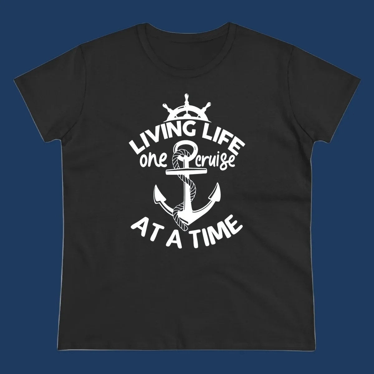 White nautical design with ship's wheel, anchor and rope on gray background with text living life one cruise at a time