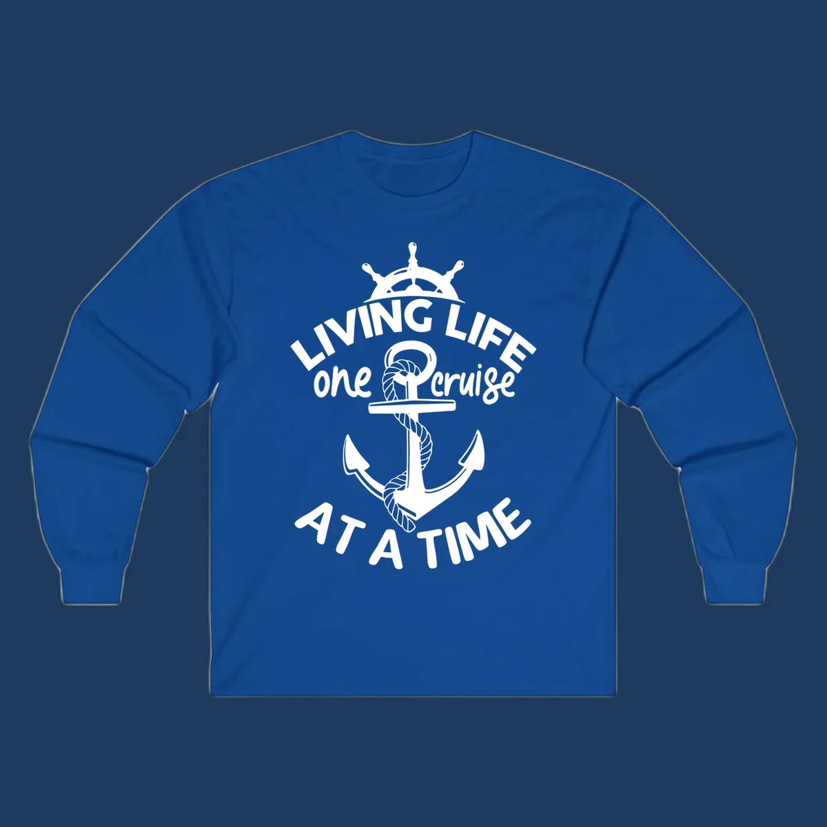 White nautical design with ship's wheel, anchor and rope on gray background with text living life one cruise at a time