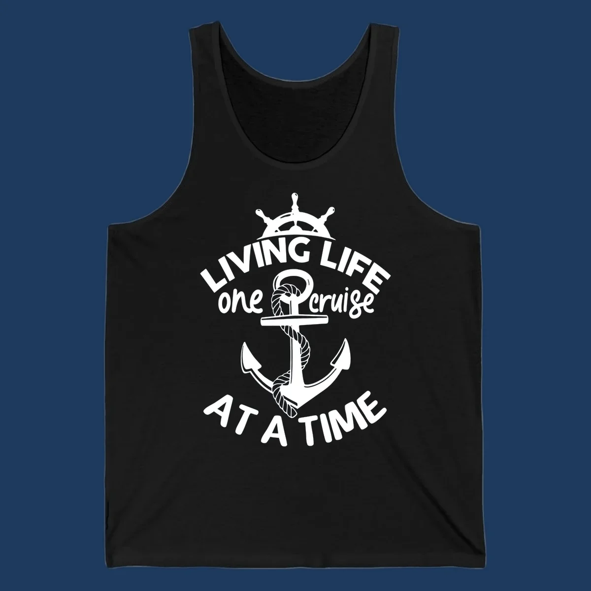 White nautical design with ship's wheel, anchor and rope on gray background with text living life one cruise at a time