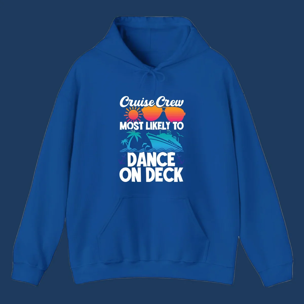 Colorful cruise design with sun, sunglasses, ship, and palm trees with text reading 'Cruise Crew Most Likely To Dance On Deck'