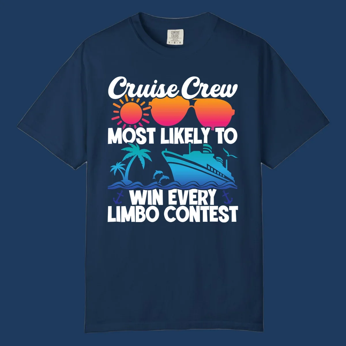Cruise crew limbo contest design with colorful sun, sunglasses, palm trees, cruise ship, and ocean waves on gray background
