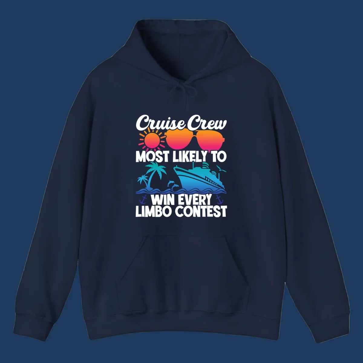 Cruise crew limbo contest design with colorful sun, sunglasses, palm trees, cruise ship, and ocean waves on gray background