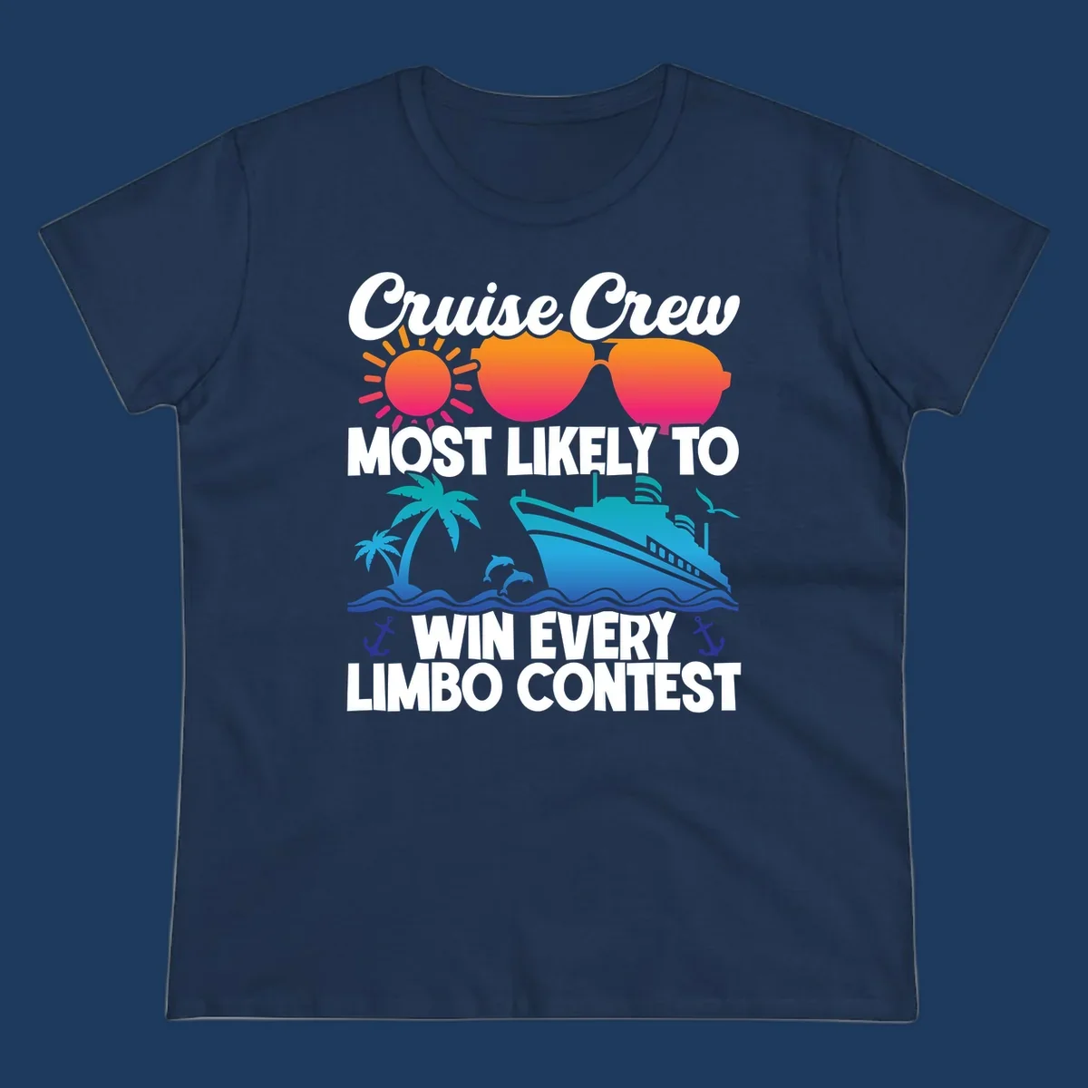 Cruise crew limbo contest design with colorful sun, sunglasses, palm trees, cruise ship, and ocean waves on gray background