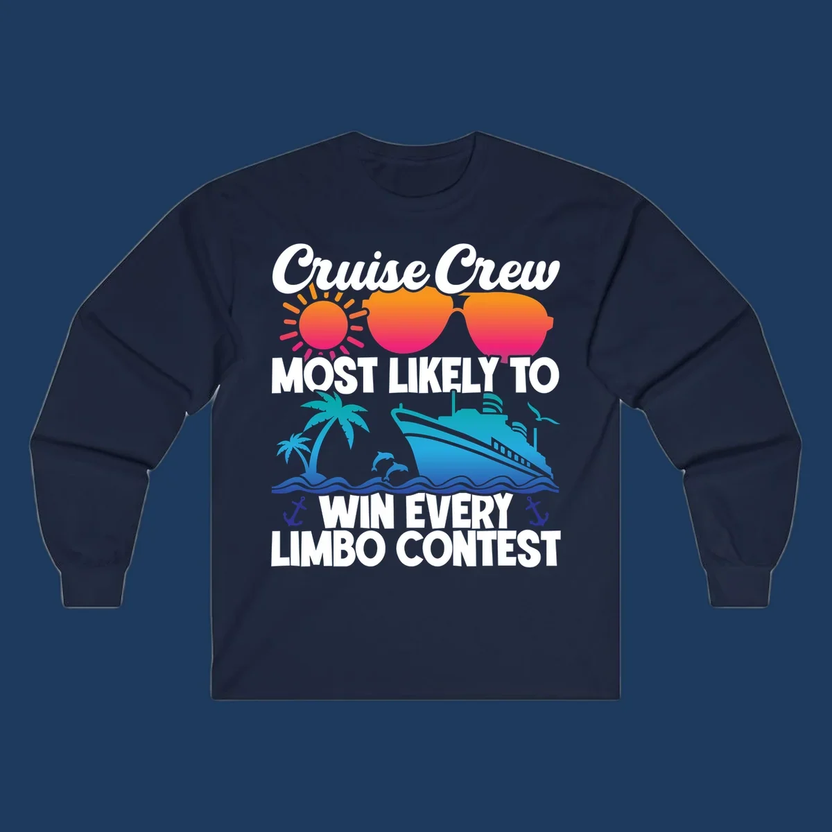 Cruise crew limbo contest design with colorful sun, sunglasses, palm trees, cruise ship, and ocean waves on gray background