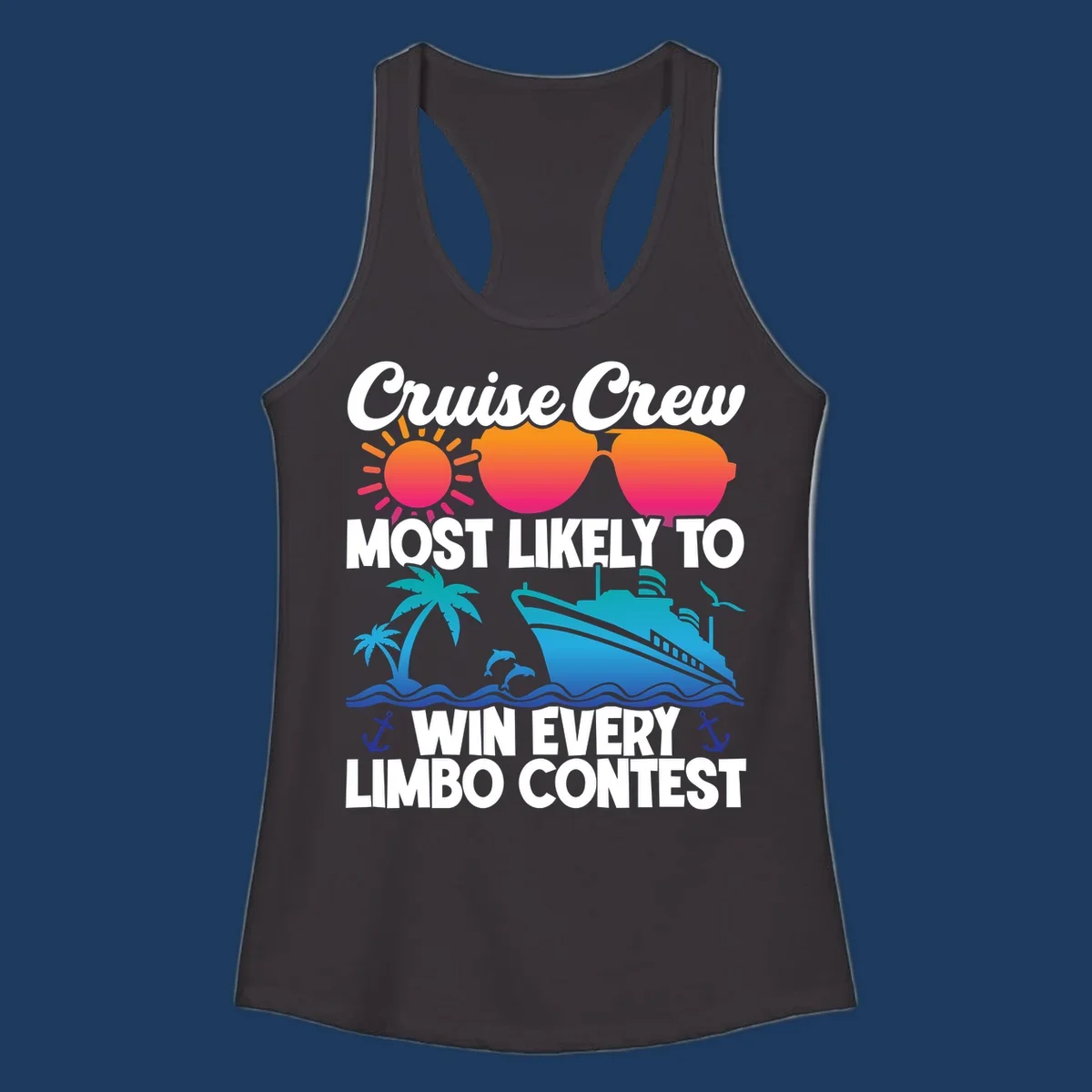 Cruise crew limbo contest design with colorful sun, sunglasses, palm trees, cruise ship, and ocean waves on gray background