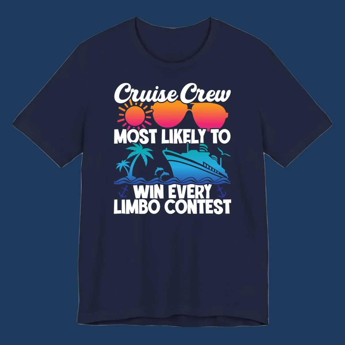 Cruise crew limbo contest design with colorful sun, sunglasses, palm trees, cruise ship, and ocean waves on gray background